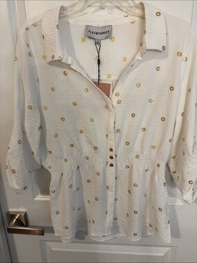 Parker off-white blouse with gold floral dots